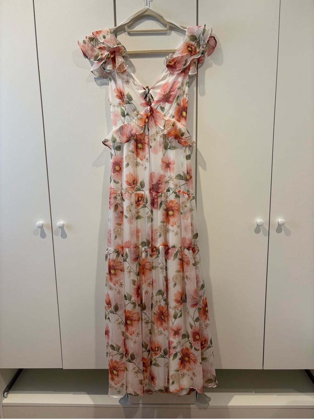 Aqua White Maxi Dress with Pink and Peach Floral Print